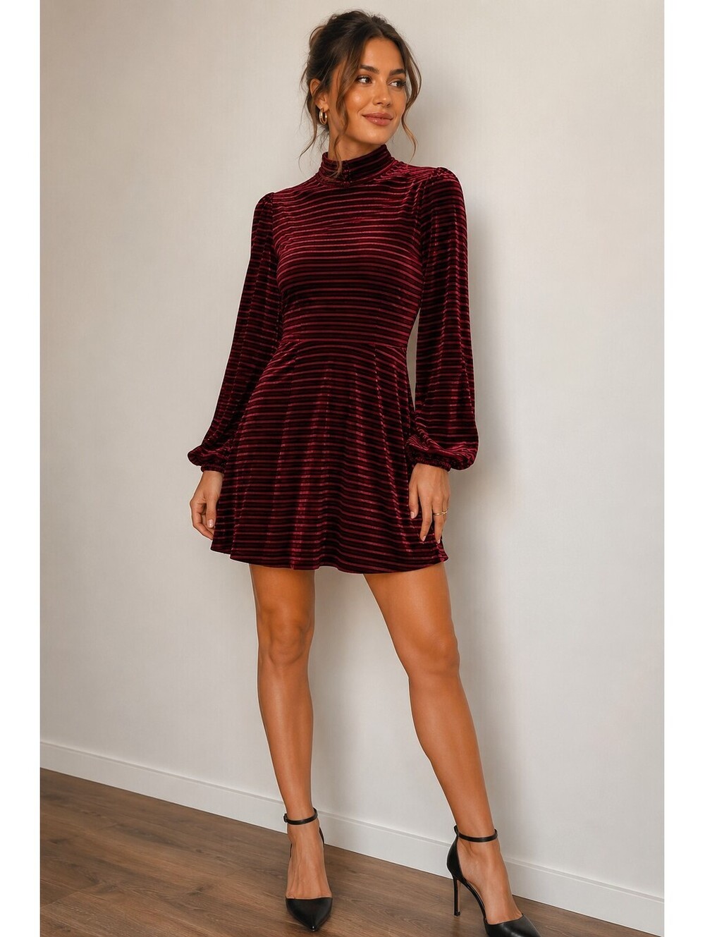 Lulus Velvet Stripe Mock Neck Mini Dress Women's S Burgundy Balloon Sleeves